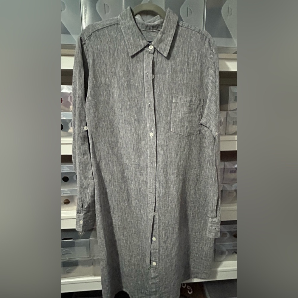 Karen Kane Gray Linen-Blend Button-Down Shirt Dress